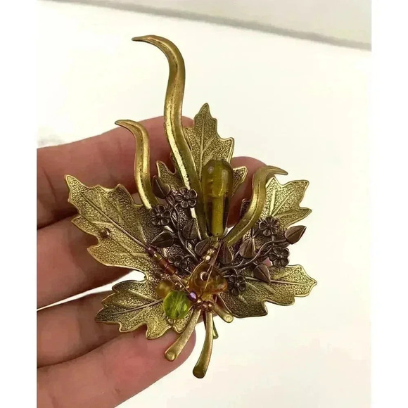 VTG Bronze Tone Maple Leave Metal Brooch Pin Beaded 90s - Picture 10 of 10